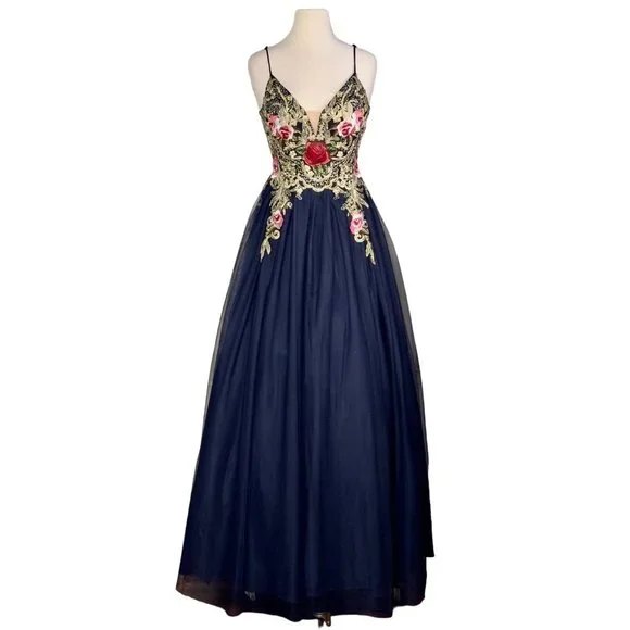 Blondie Nites Navy Gold Embroidered V-Neck V-Back Formal Dress Ball Gown Size 9 - Picture 1 of 16